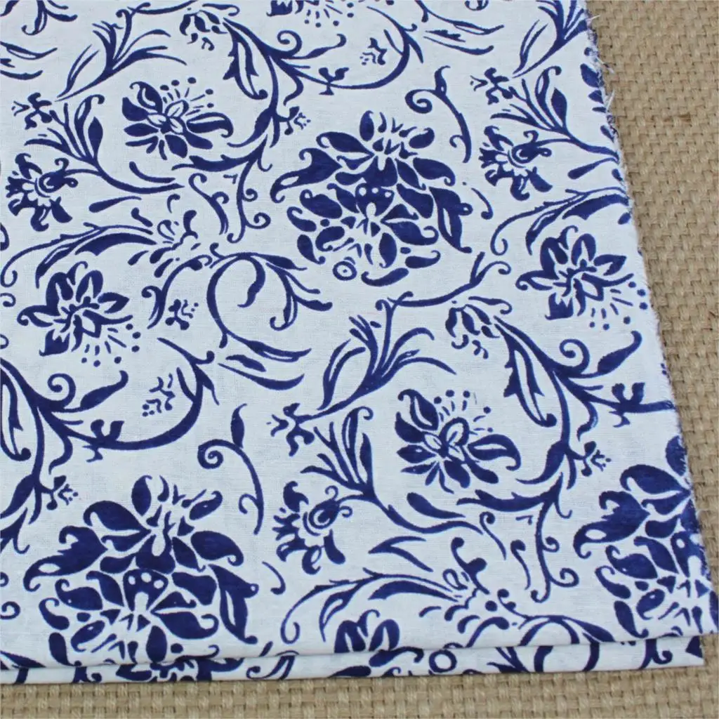 50x140cm Soft Linen Cotton Fabric Chinese Blue and White Porcelain
