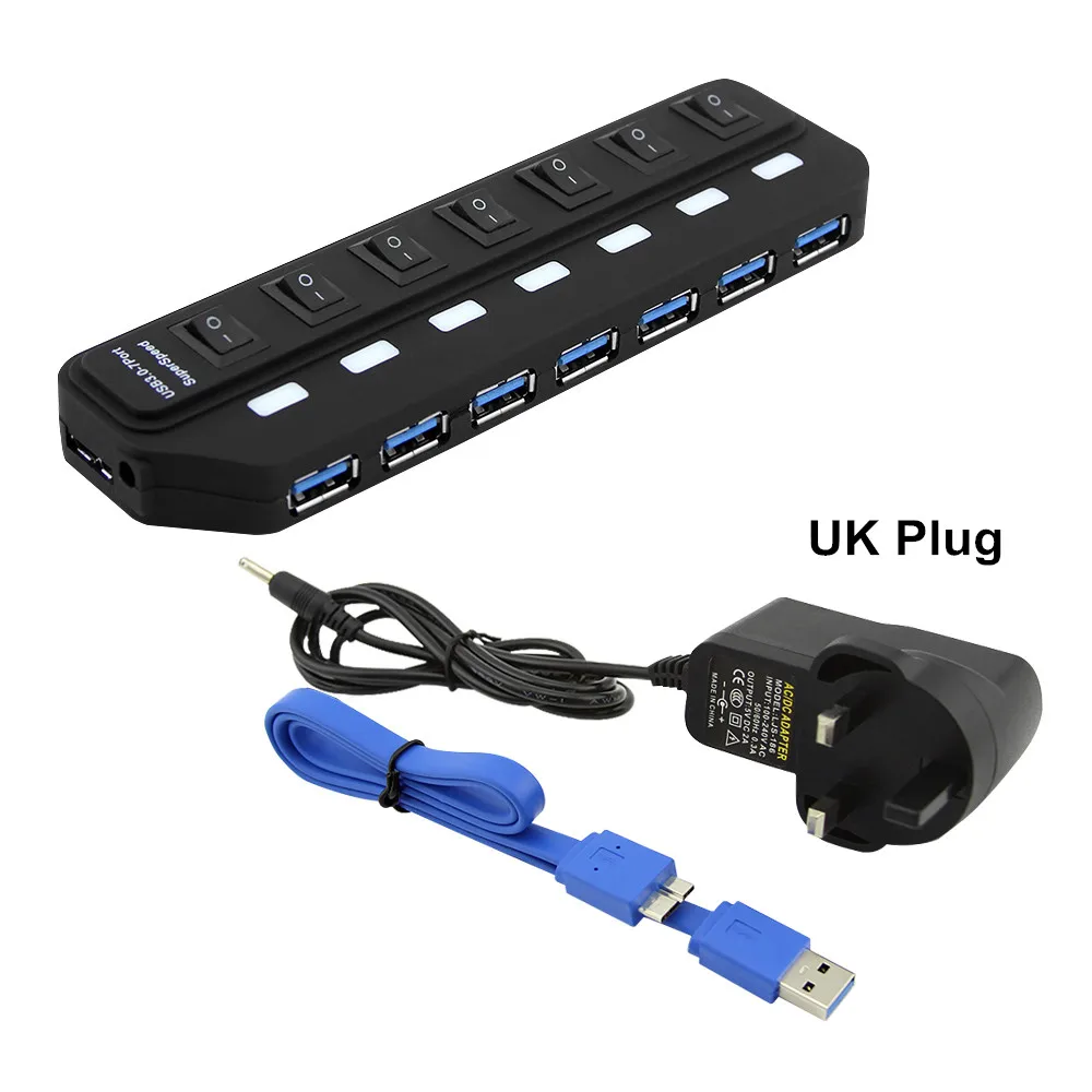 with UK adapter 7 Порты и разъёмы usb-хаб 3,0 высокое Скорость USB 3,0 концентратор с EU/US/UK/AU Мощность адаптер Мульти USB разветвитель на переключатель включения/выключения для портативного компьютера - Цвет: with UK adapter