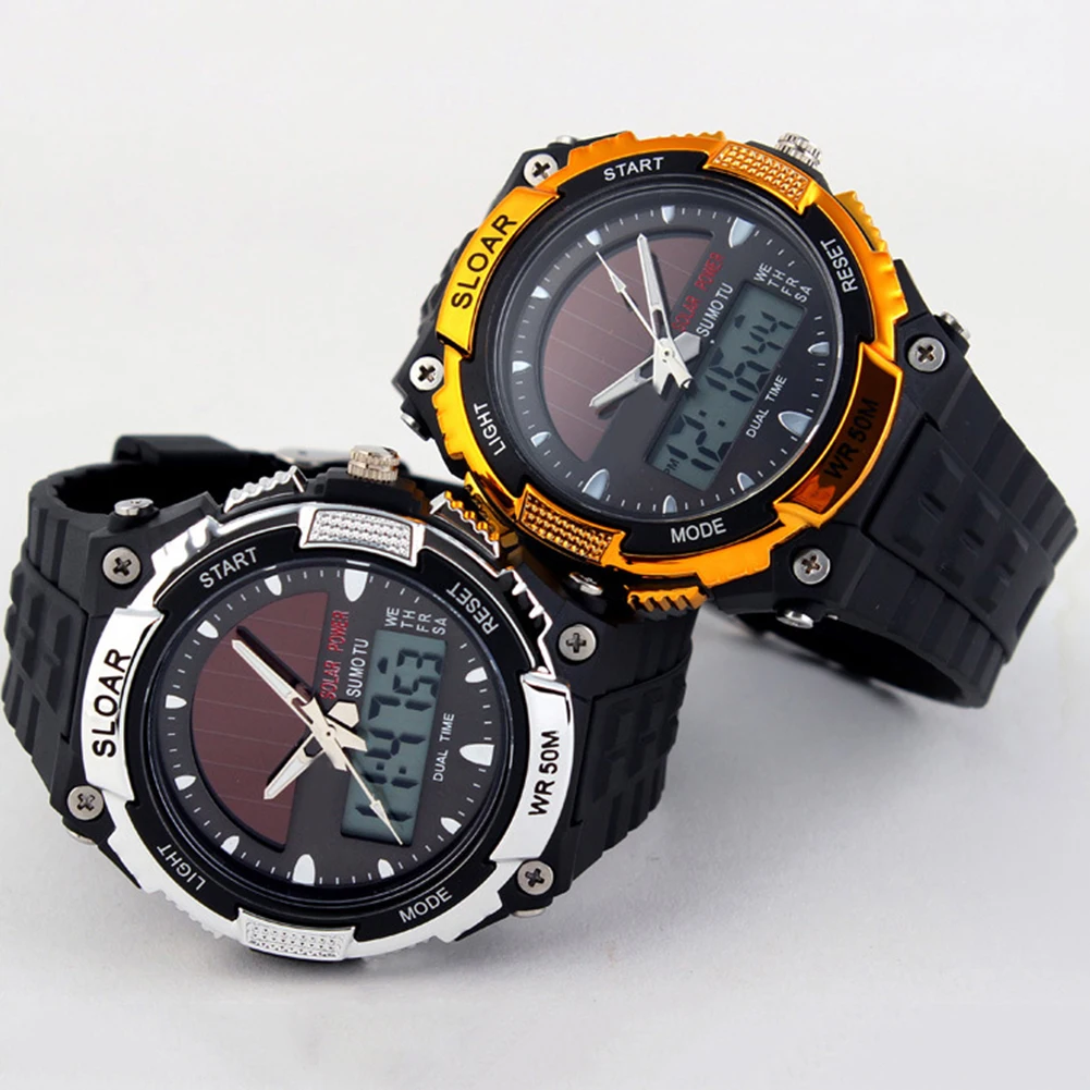 Мужские спортивные часы на солнечной энергии с двойным дисплеем времени водонепроницаемые электронные наручные часы спортивные часы цифровые часы montre homme