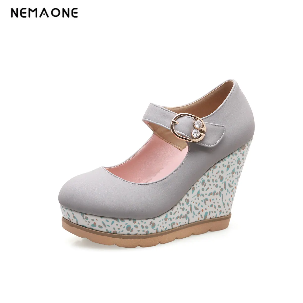 

NEMAONE Women Pumps PU Leather Woman Shoes Ankle Strap Platform Wedge High Heel round Toe Ladies Pumps Size 34-43
