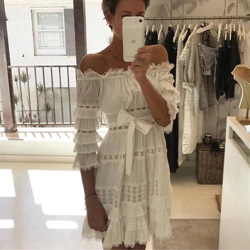 Boho Chic Hollow Out Lace Chiffon Dress Runway Designer Summer Women Mini Dress Elegant Puff Sleeve Beige Casual Vestidos