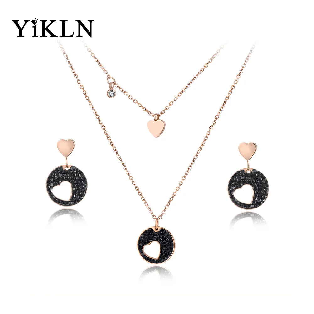 

YiKLN Classic CZ Crystal Heart Choker Necklaces & Earrings Jewelry Sets Pave Setting Rhinestone Stainless Steel Female YSE011