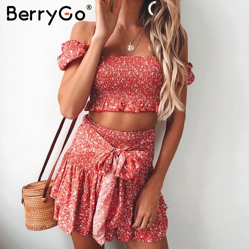 

BerryGo Elegant co-ordinates summer dress women Boho floral print off shoulder female short sundress Beach style ladies dresses