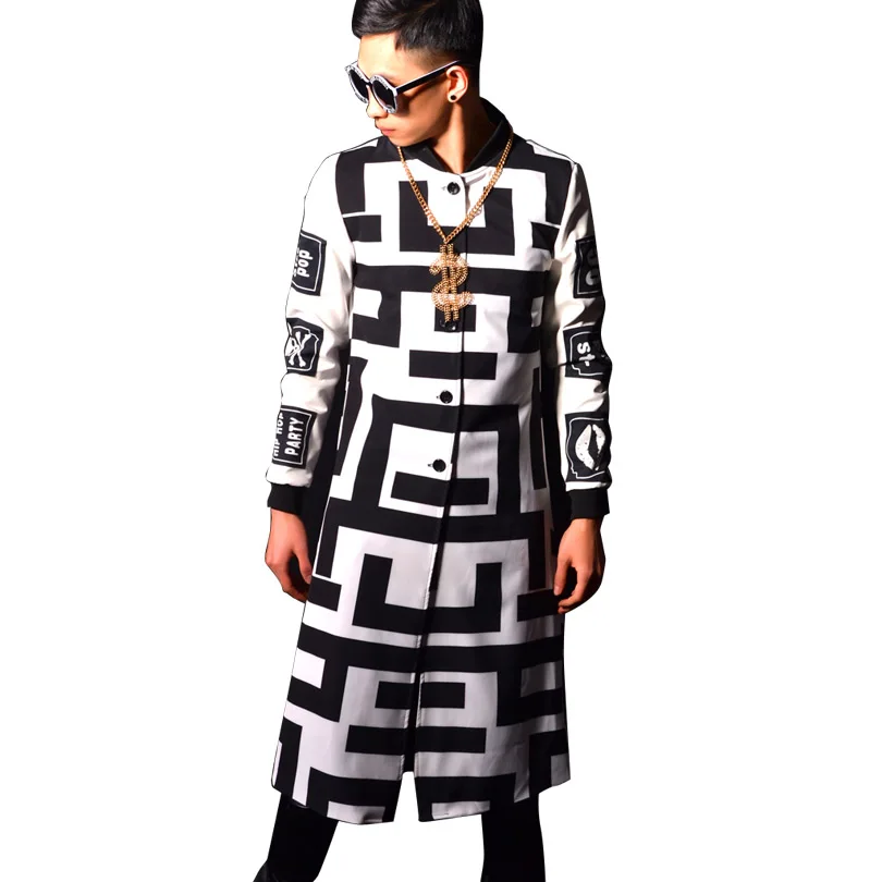 

Male Long Slim Fit Trench Jacket Pattern Printing Fashion Hip Hop Casual Trench Coat Men Super Star Stage Costumes