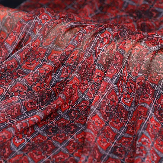 Pearlsilk 5momme красного цвета с цветочным принтом морщинка шифон шелк тутового шелкопряда материалов летнее платье DIY Одежда ткани - Цвет: Красный