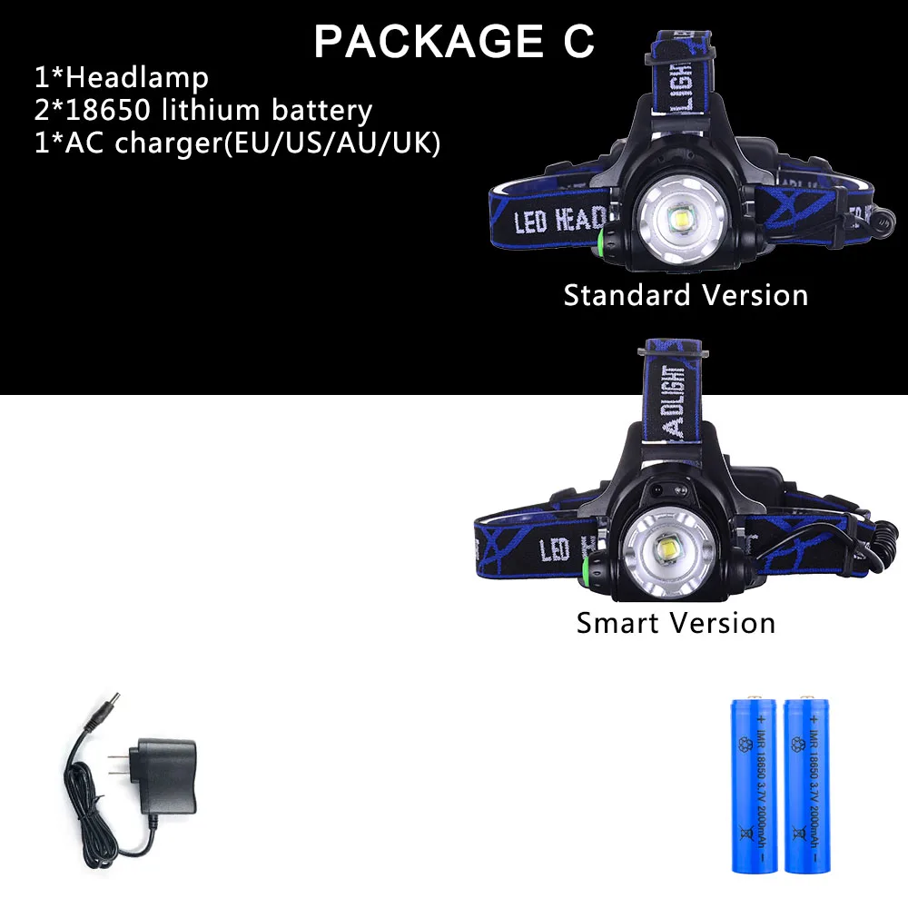 Умный ir sense светодиодный налобный фонарь T6 Zoom перезаряжаемый налобный фонарь для рыбалки на открытом воздухе водонепроницаемый налобный фонарь с 18650 батареей - Испускаемый цвет: Package C