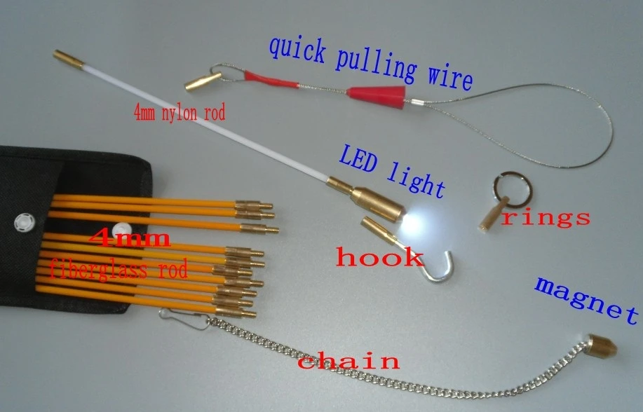 10PCS 4MM Fiberglass Cable Rod Electrical Push Puller Duct Rodder Fish Tape Kit