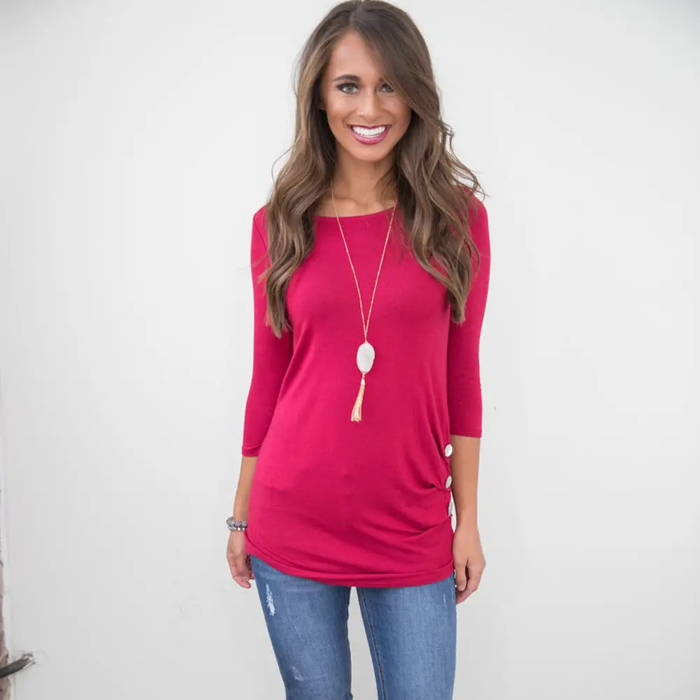 

Ladies Solid Rose Red Black Cotton Loose Long SleeveT-Shirts Plus Size Women Autumn Casual Round Neck Tops
