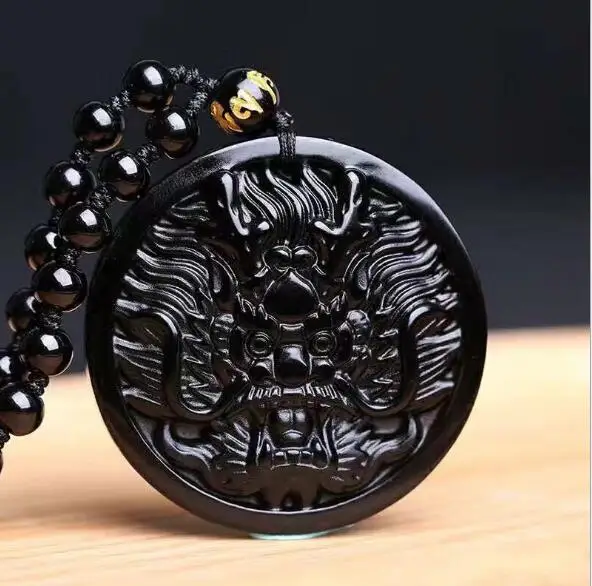 

Beautiful Natural Black Obsidian Carved Chinese Amulet Dragon Head Lucky Pendant + Beads Necklace Fashion Jewelry for woman man