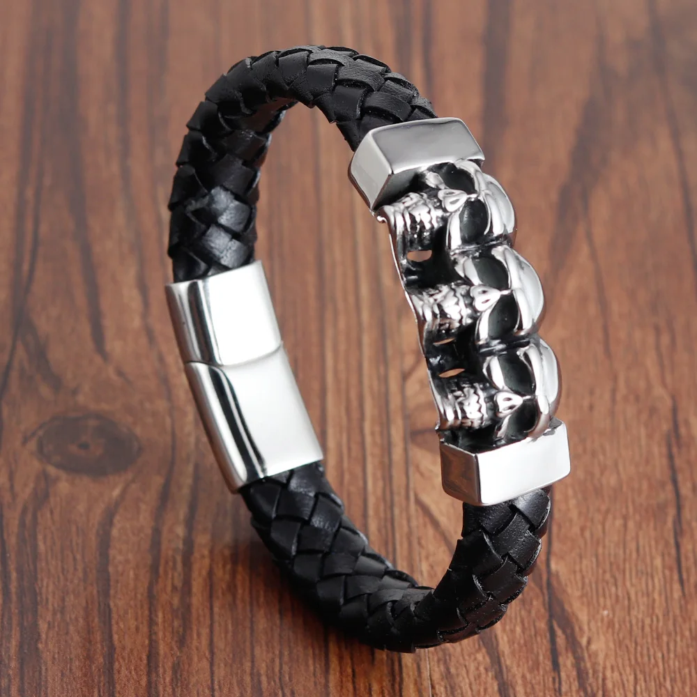 

Punk Leather Bracelet Men Stainless Steel Skull Head Charms Bangles Multilayer Rope Wristband Male Gothic Jewelry Gifts