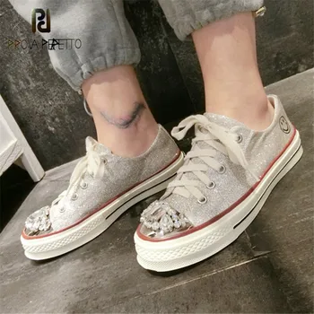 

Prova Perfetto Bling Paillette Shoes Flat Lace Up Casual Shoes Woman Fashion Crystal Sneakers Leather Ladies Shoes For Girl
