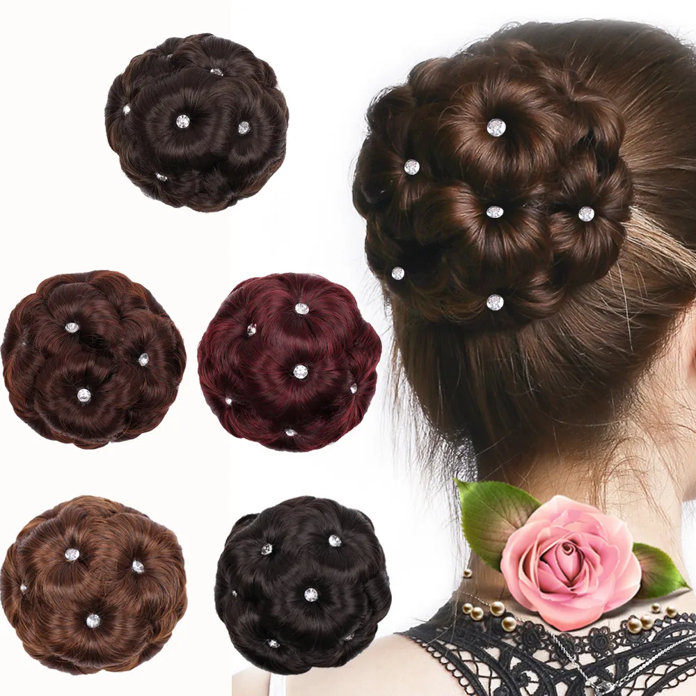 

Female Wig Hair Ring Curly Bride Makeup Diamond Bun Flowers Chignon Hairpiece #20.15