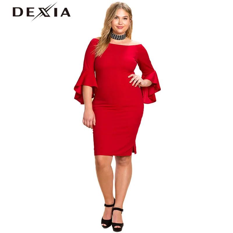 

DEXIA Autumn Women Dress Plus Size O-Neck Red With Black Party Sexy Dresses Bodycon Backless Vestidos Large Size Clothing 2604