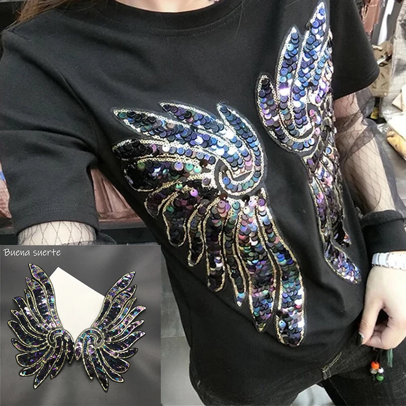 

1 Pair Sequin Patch DIY Angel Wings Iron on Patches for Kids Clothes Sew On Embroidered Patch Motif Applique Stickers Wedding
