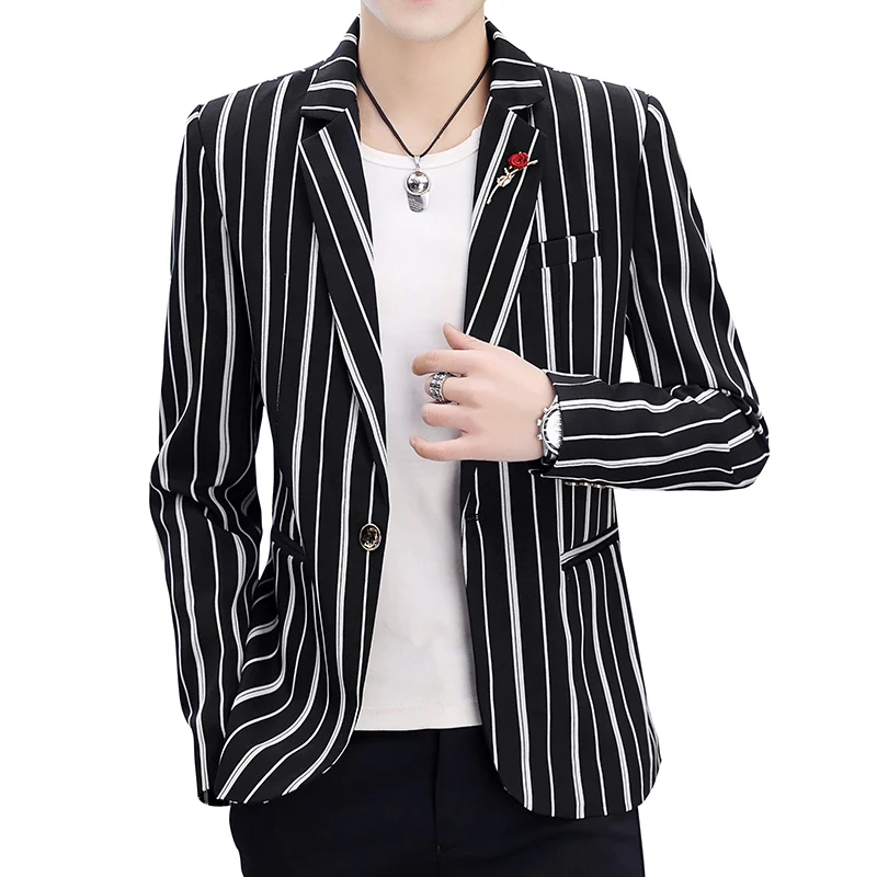 

Men's spring black and white stripes Slim trend handsome suit jacket / 2019 new high quality youth vertical stripes blazer