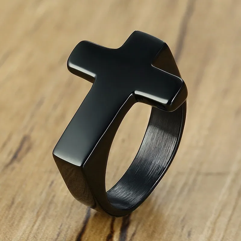 Vnox, уникальное кольцо с крестиком для мужчин, глянцевое кольцо из нержавеющей стали для молитвы о Христе, Иисусе, вере, анеле - Цвет основного камня: Черный