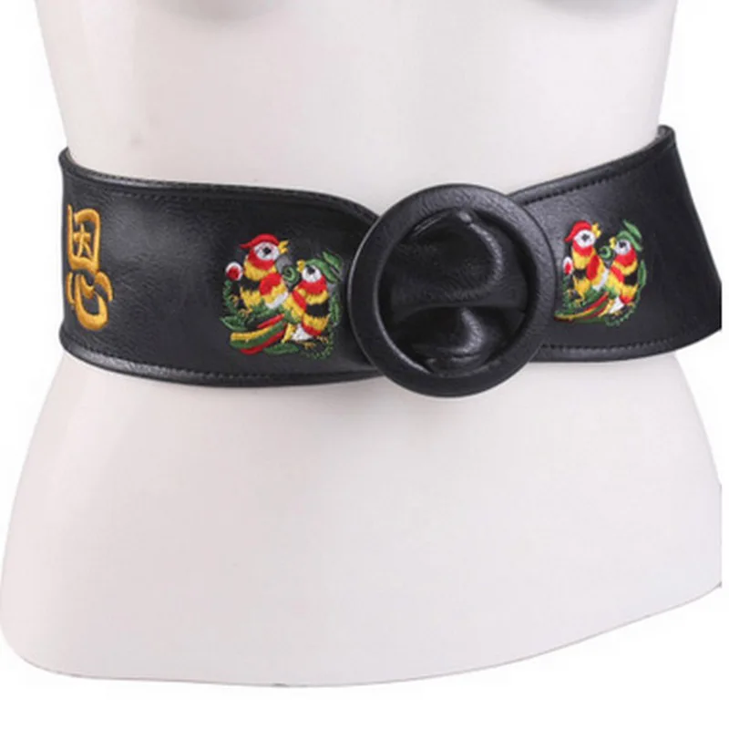 Black Belts for Women Dress Pu Leather Wide Belt Female with Embroidery