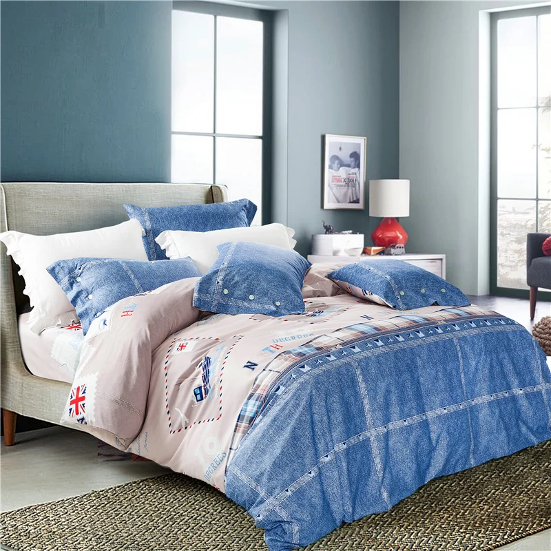 Waliicorners 4pcs 100%Cotton Printed Bedding set Button Duvet Cover set Bedsheet Pillowcases Queen King Size bed linen 69 kz010714-2