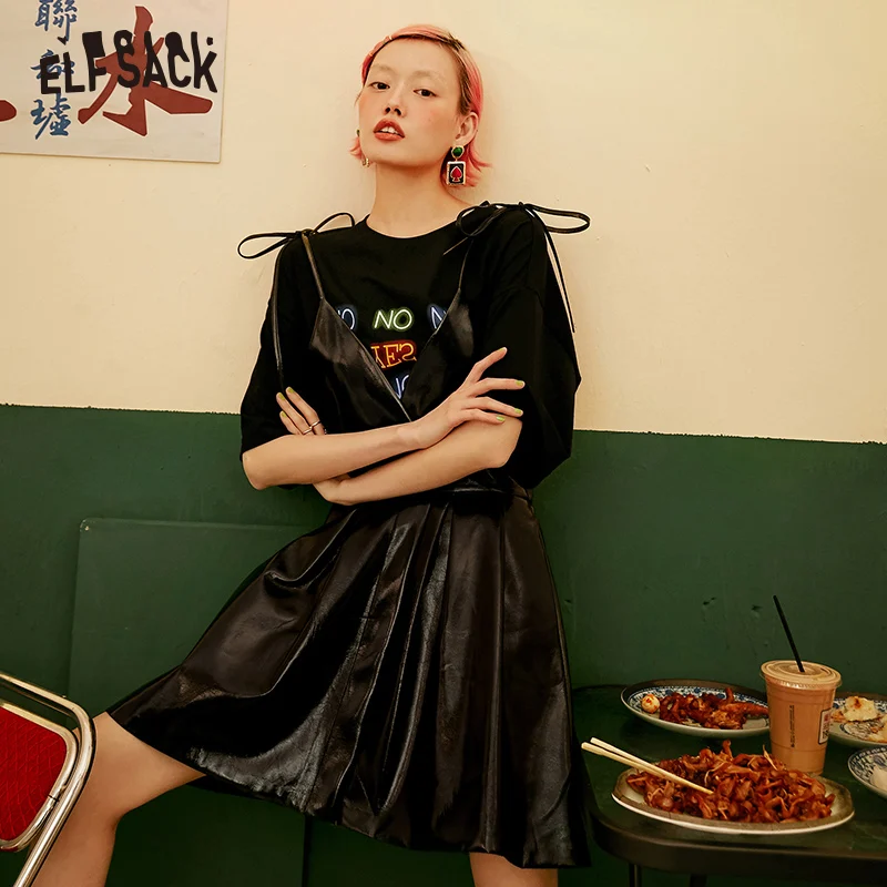 

ELF SACK Vintage V-Neck Women Strap Dress Fashion Office Lady Casual Black Dresses 2019 Autumn Female Party Dress