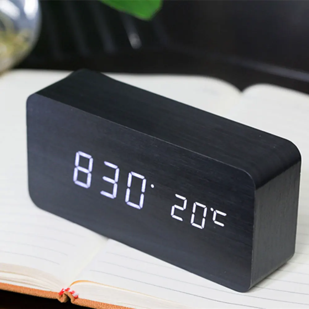 Wooden LED Alarm Clocks Morden Temperature Electronic Clock Sounds Control Digital Table Clock with Calendar for Bedroom Office