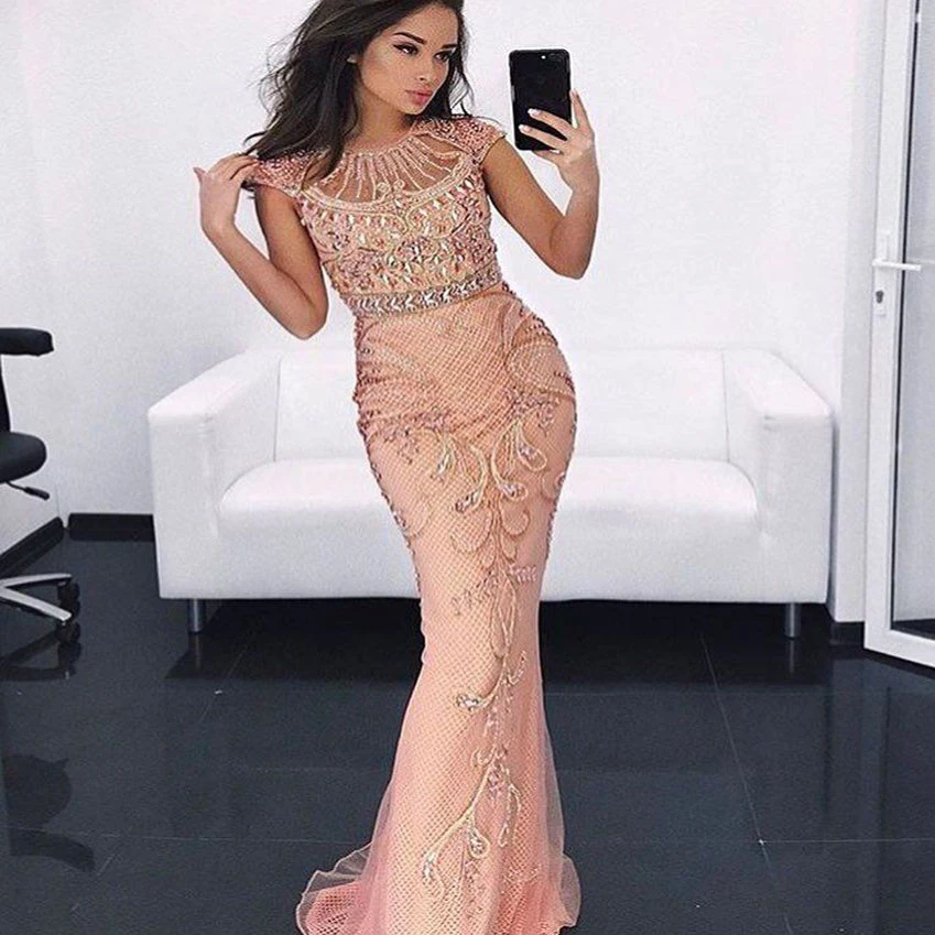 Peach Pink Mermaid Evening Gowns 2019 Plus Size Prom Dress Cap Sleeve ...