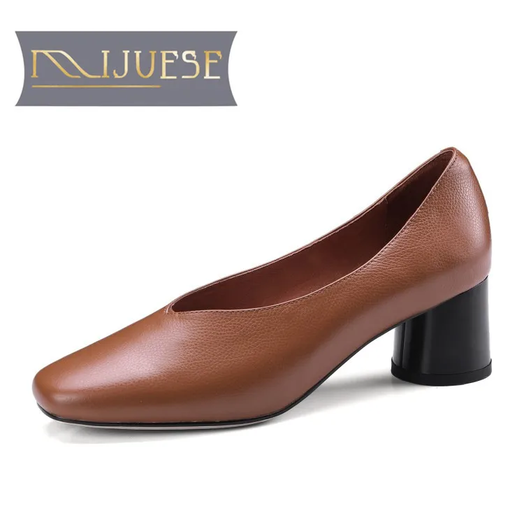 

MLJUESE 2018 women pumps Cow leather square toe slip on brown color vintage square heel high heels pumps women size 34-39