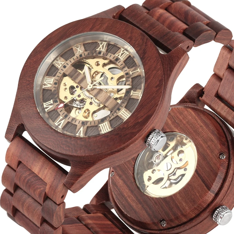 Винтажные часы из красного сандалового дерева, Мужские автоматические механические часы с римским циферблатом, аналоговые Мужские часы с деревянным ремешком, уникальные наручные часы