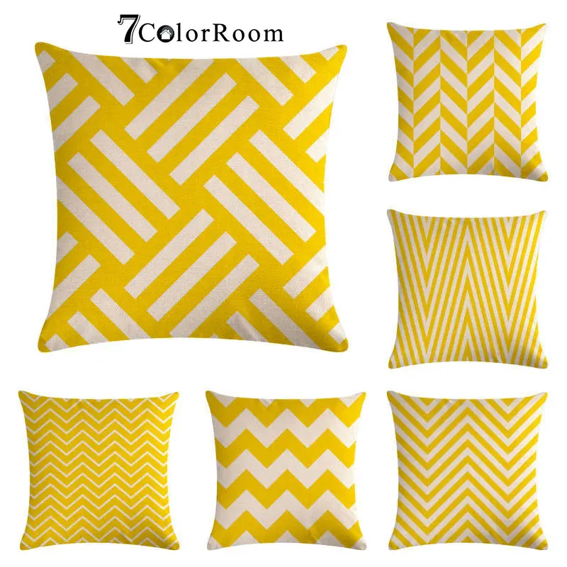 

Geometric Cushion Cover Yellow and Beige Throw Pillow Case Striped Dotted Grid Triangular Cotton linen Cushion Cover 45X45 CM
