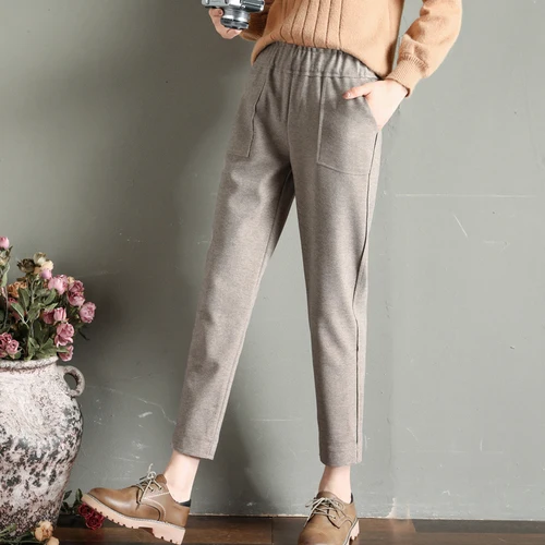 7129 Khaki Высококачественные шерстяные брюки карго с эластичной резинкой на талии, женские штаны-шаровары на шнуровке, новинка, зимние женские брюки, кашемировые брюки - Цвет: 7129 Khaki