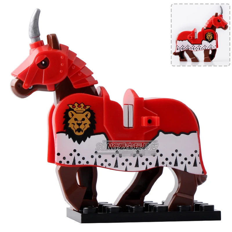 Koop Enkele Koop Serie XH599 Rode Oorlog Paard met Leeuw Cape Battle Steed Middeleeuwse Rome minifig super heroes Building DIY Blokken speelgoed