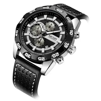 

Megir Top Brand Leather Strap Clock Sports Quartz Watches Men Chronograph Military Luxury Wrist Watch For Man Relogios Gold Blue
