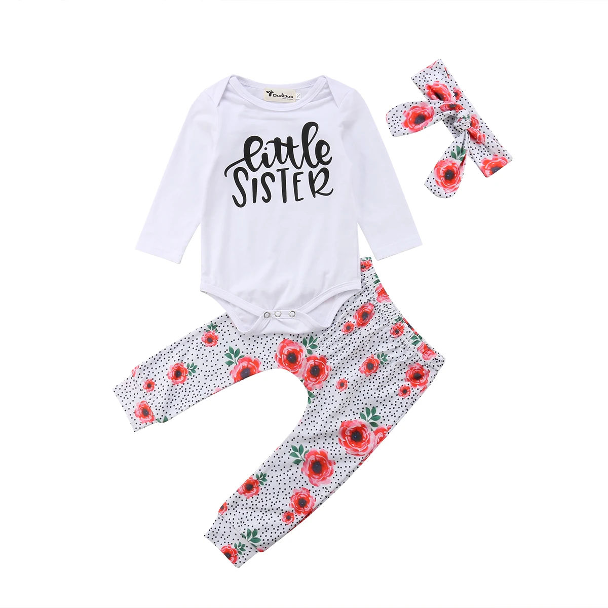 

Baby Girls Little Sister Long Sleeve Jumpsuit Romper+Leggings Pants Headbands 3Pcs Outfits Set