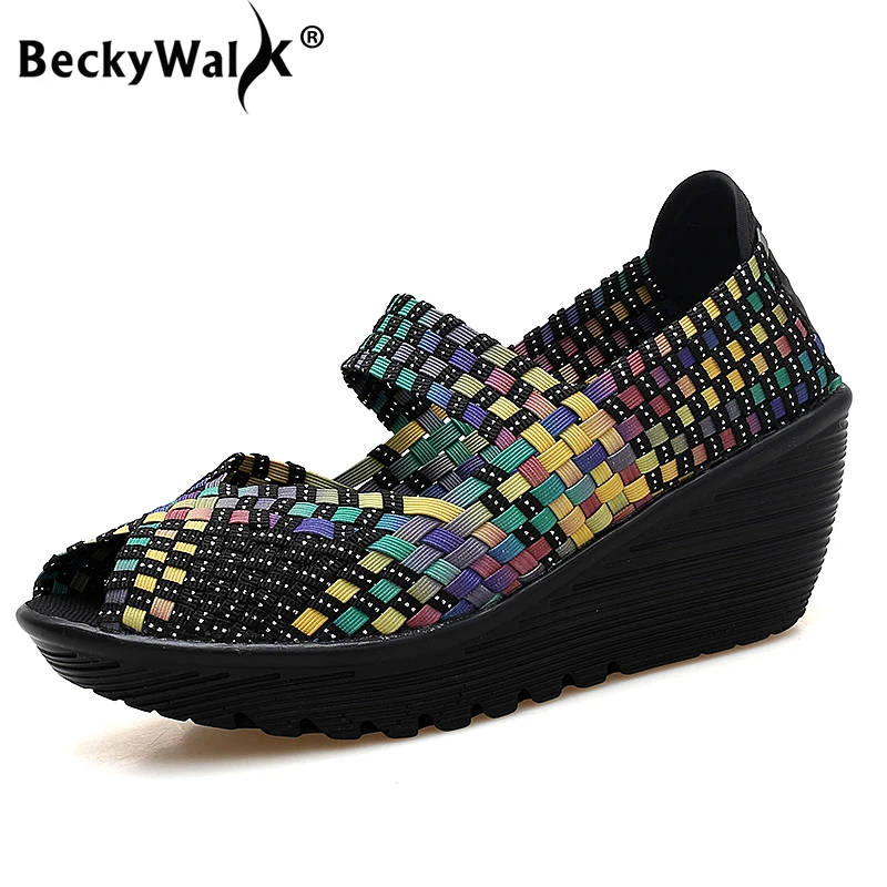 BeckyWalk/летние женские босоножки на платформе; женская обувь с открытым носком; плетеная пластиковая обувь на танкетке; женские босоножки ручной работы с вырезами; WSH2899