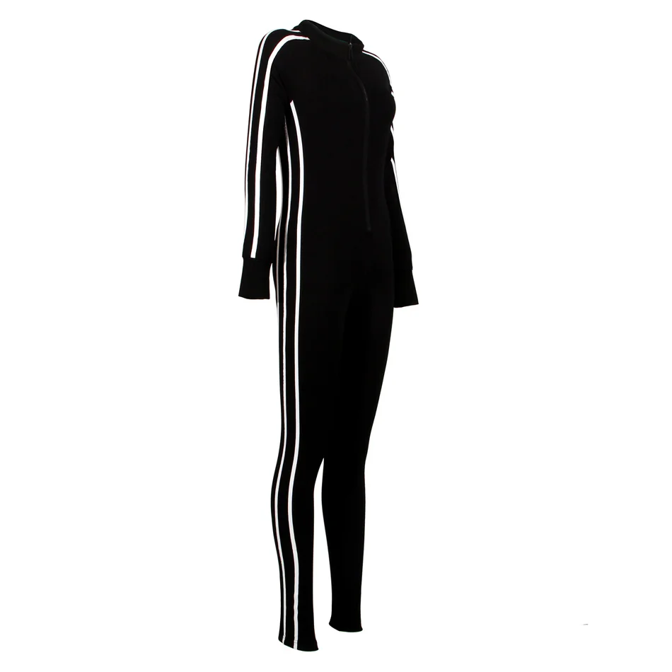 Модный черный комбинезон с длинными рукавами, одежда для фитнеса с полосками по бокам, Спортивная одежда на молнии с круглым вырезом