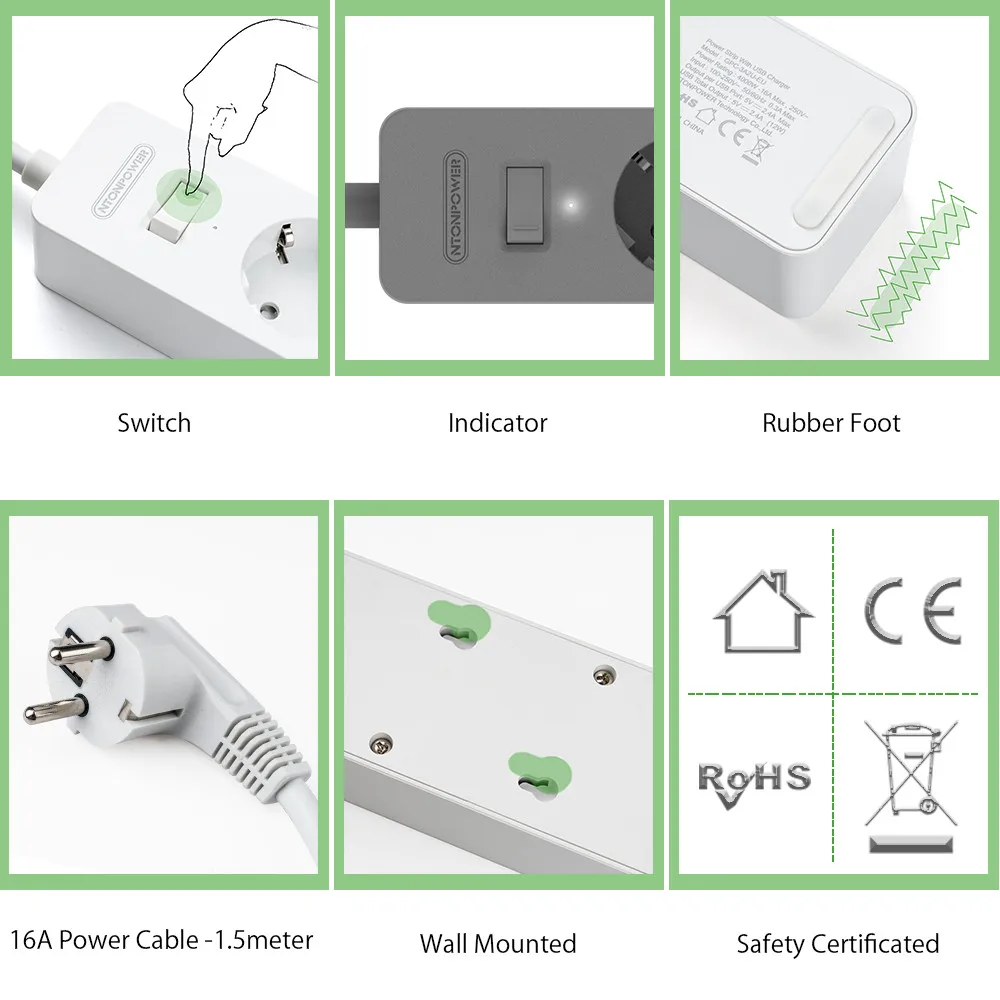 Koop NTONPOWER Smart Power Strip Contactdoos met Overspanningsbeveiliging EU Plug met Schakelaar Stopcontact Extension Socket voor Thuis   Kantoor bureau