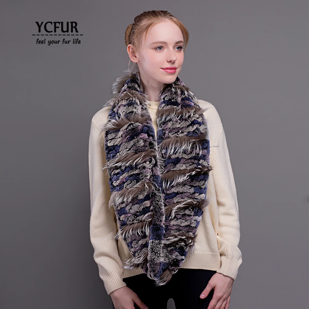 

YCFUR Women Scarves Wraps Winter Brand Design Knit Real Rex Rabbit Fur Ring Scarf Female Winter Neck Warmer Long Scarf For Lady