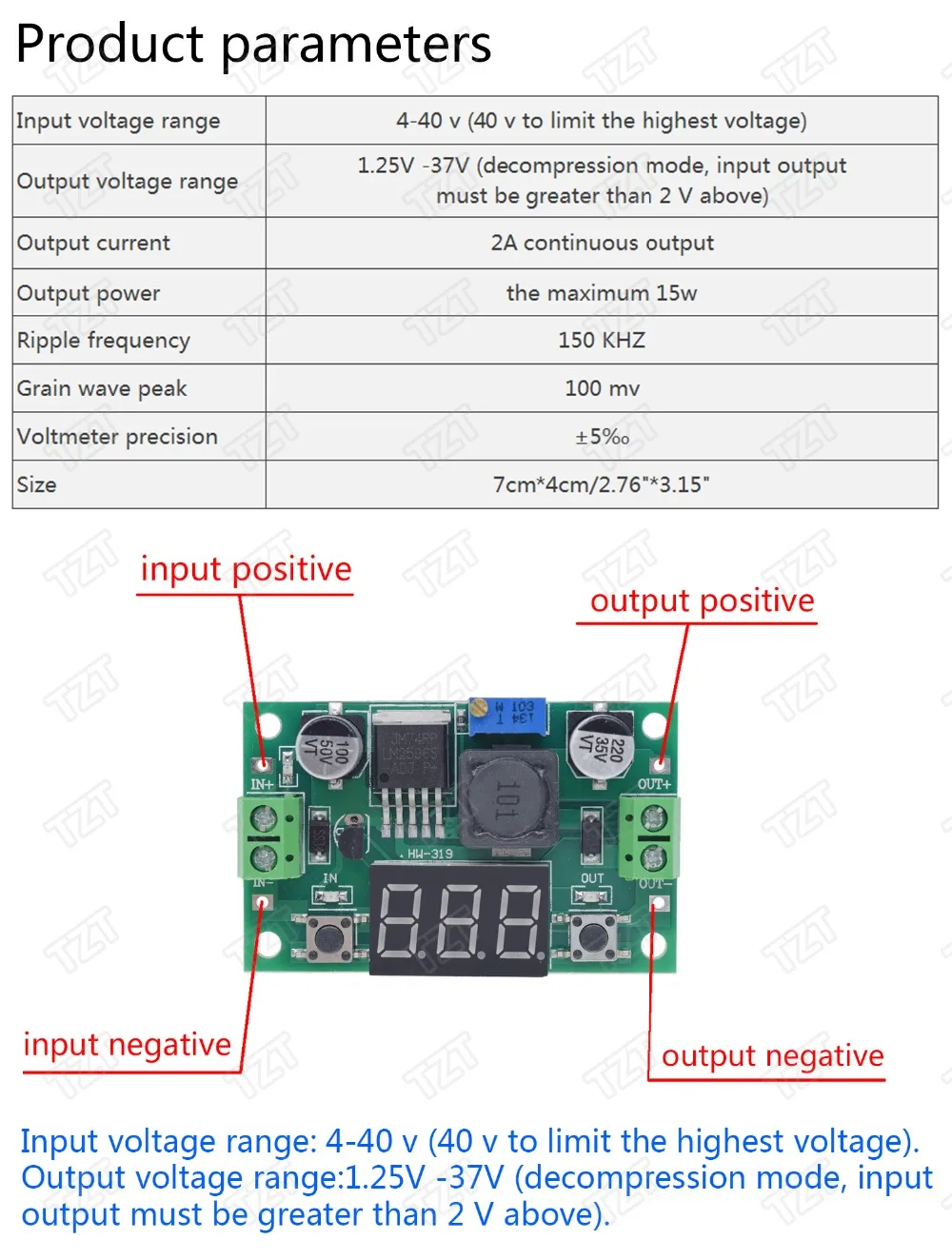 Регулируемый понижающий модуль питания TZT LM2596 постоянного тока от 4 0 до 40 1 3 37 в +