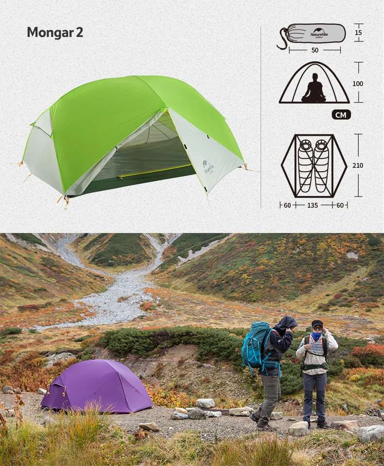 Naturehike 3 сезона Mongar 2 Человек Палатка 20D силиконовый нейлон Fabic двухслойный Водонепроницаемый купол тент фойе