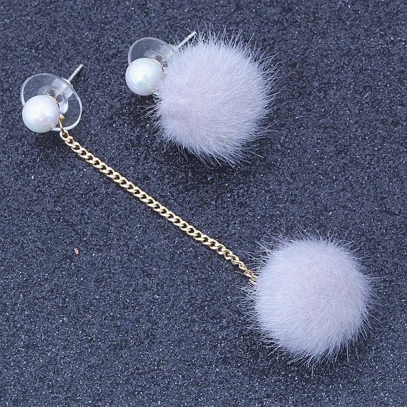 Rabbit Fur Ball PomPom Long Drop Earrings for Women Unique Soft Pom Pom