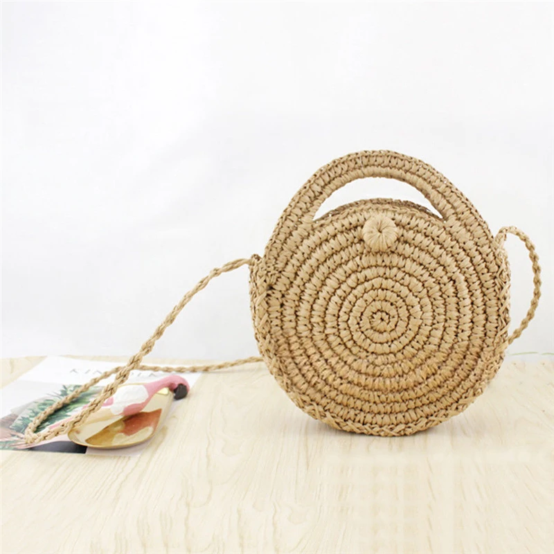 Женская круглая плетеная соломенная мессенджер из ротанга, Женская однотонная богемная плетеная пляжная сумка через плечо