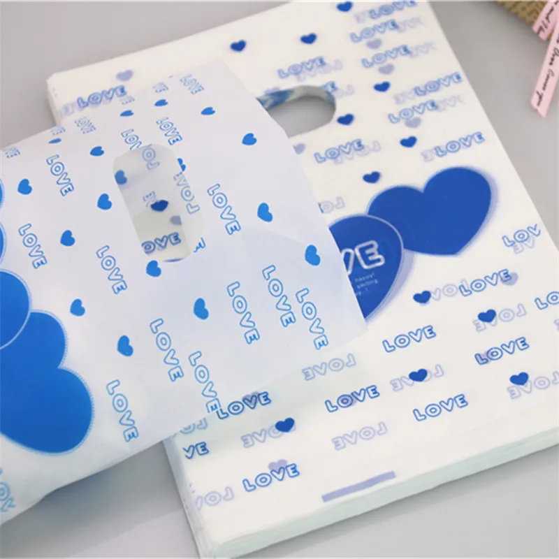 New Style Wholesale 100pcs/lot 15*20cm Blue Lovely Heart Plastic Package Bags Favor Christmas Candy Packaging Bags