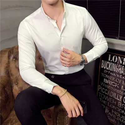 

2018 Mens Shirts Casual Mens Dress Shirts Camisa Masculina Long Sleeve Letter Embroidery Black White Plus Size 3XL Mauchley