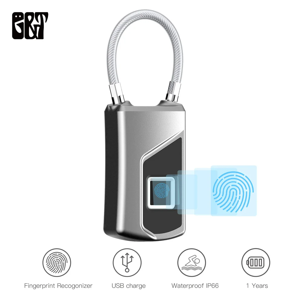 

GT USB Rechargeable Smart Keyless Electronic Fingerprint Lock Anti-Theft Security Padlock IP66 Waterproof Door Luggage Case Lock