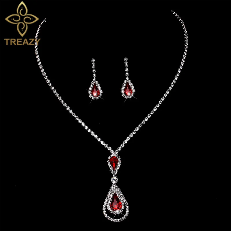 TREAZY 2019 New Red Crystal Bridal Jewelry Sets Women Rhinestone