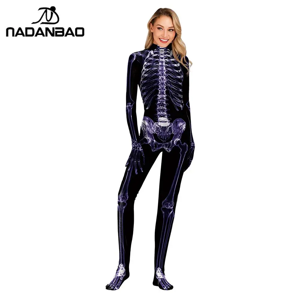 NADANBAO страшный карнавальный костюм одежда с изображением скелета для женщин Пурим карнавальный унисекс боди эластичный комбинезон Маскировка женщина