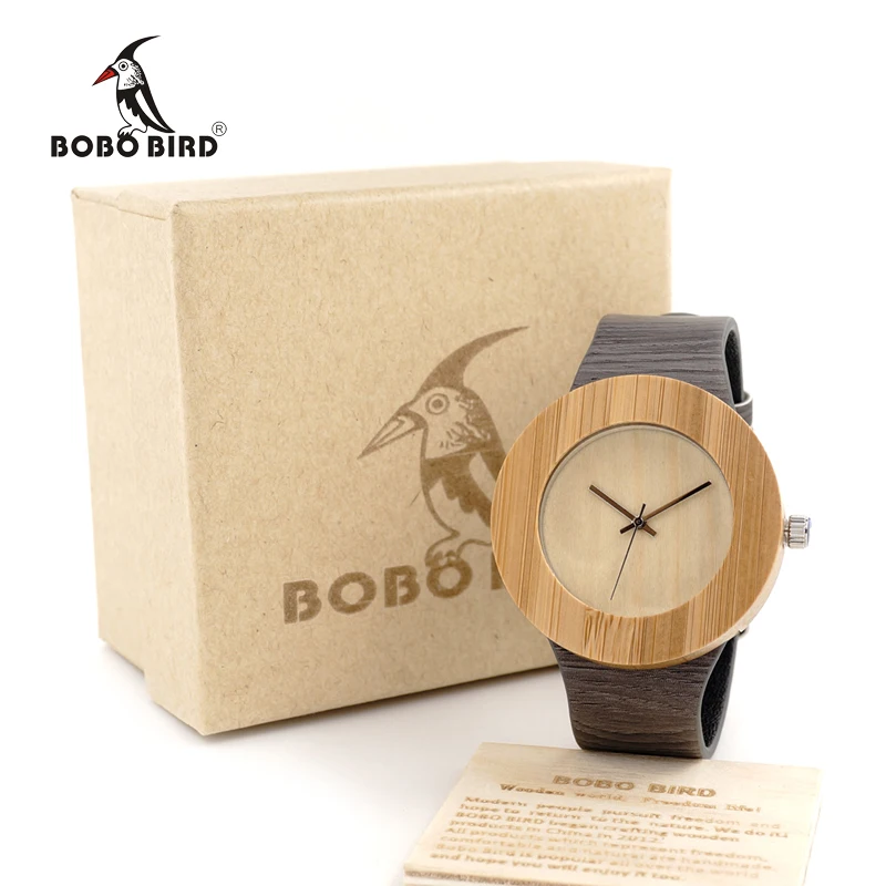 BOBO BIRD H10 Unisex Bamboo Wooden Watches Wood Dial Quartz Watch Genuine Leather Grain Gray Straps