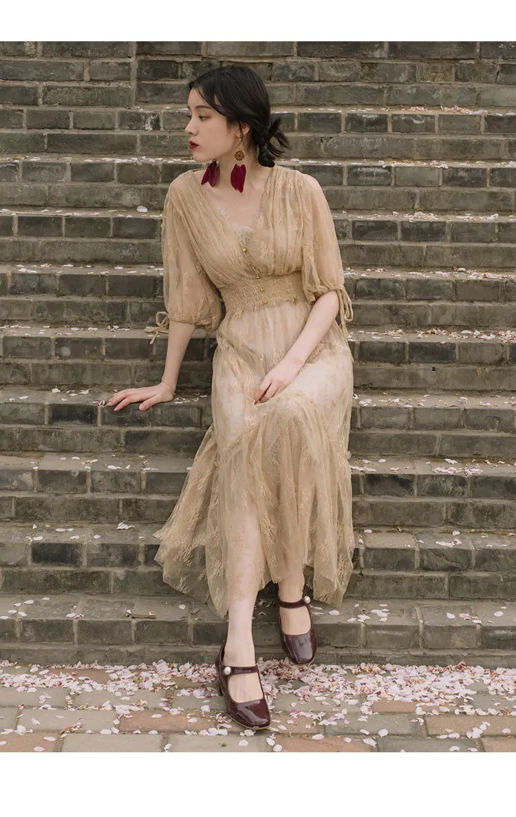 Французское винтажное викторианское платье, элегантное платье с рукавом до локтя, пуговица, v-образный вырез, длинное летнее женское платье, вечерние платья, Vestidos De Festa