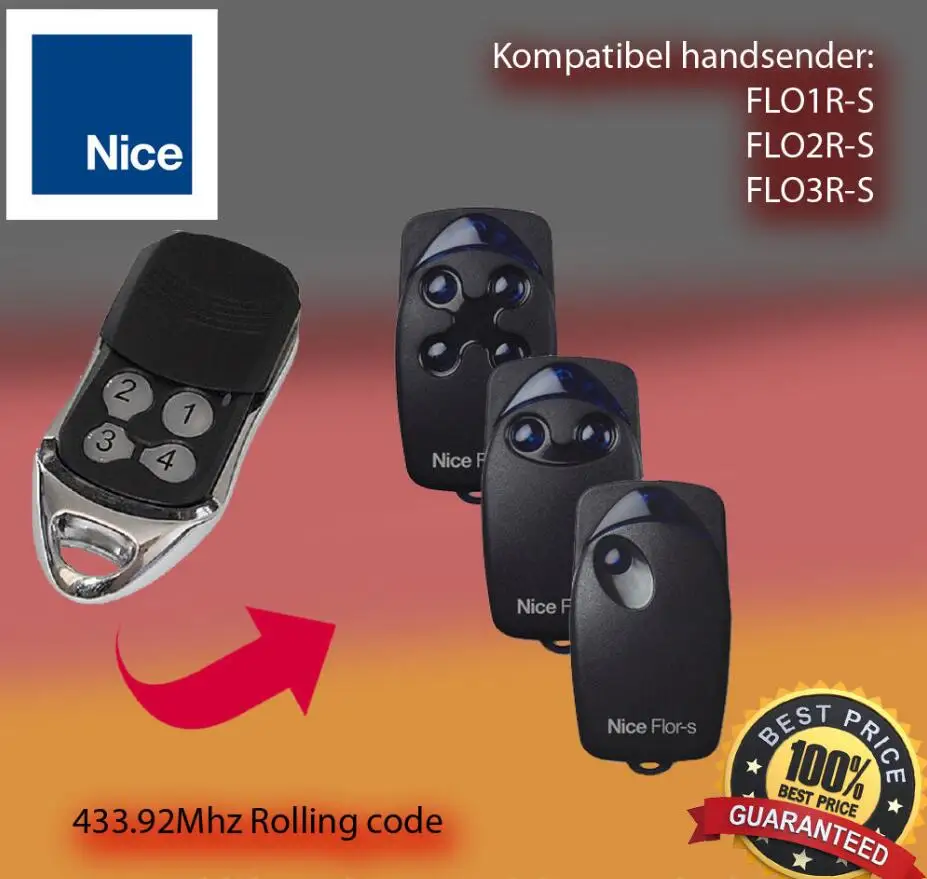 

high quality duplicator 433.92mhz Nice Flor-s rolling code garage door replacement universal remote control