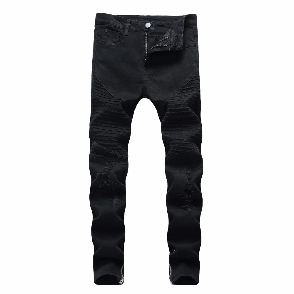 

High quality 2019 autumn winter Casual Slim Black Men's wear jeans leisure hole man stretch feet cowboy Pleated pants
