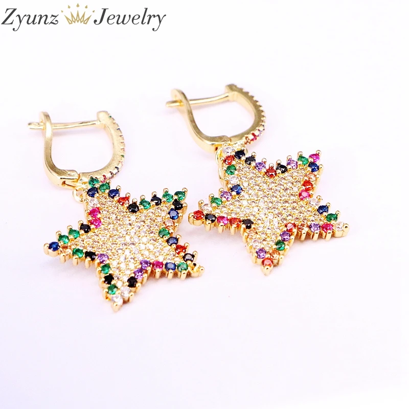

5 Pairs ZY340-3974 Gold color fashion jewelry lucky star charm paved Rainbow CZ dangle earring